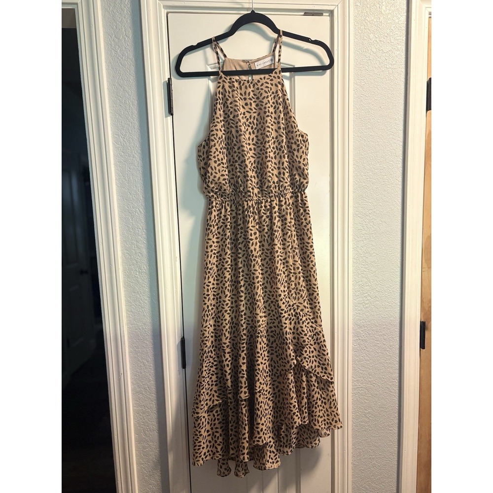 Kiki LaRue Midi Dress Women Medium Tan Black Animal Print Halter High-Low Ruffle